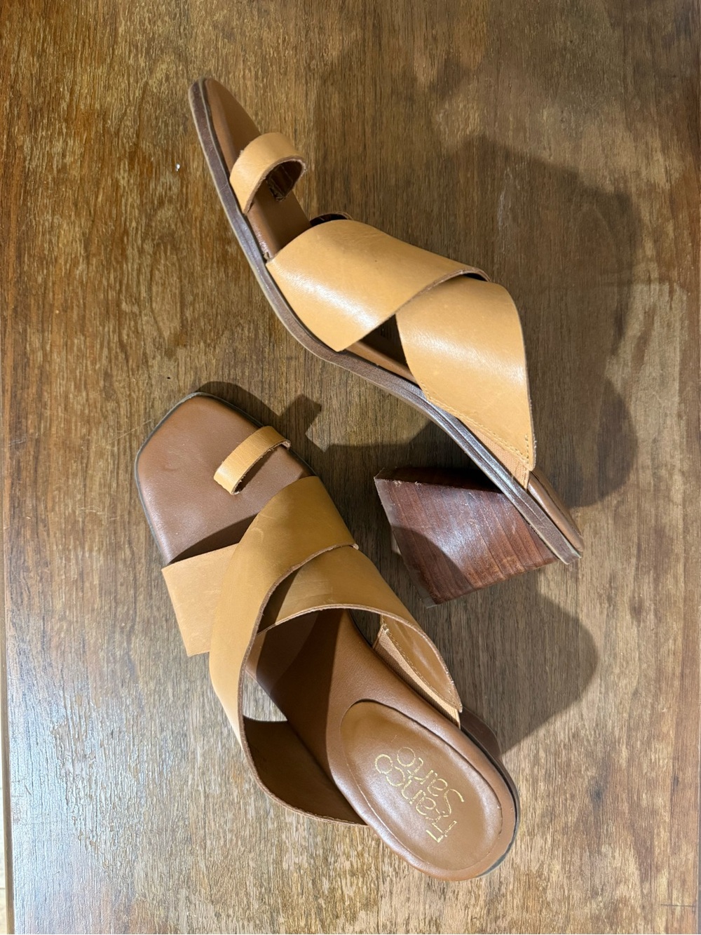 Franco Sarto Tan Leather Toe Loop Chunky Wooden Block Heel Slide Sandals 7.5